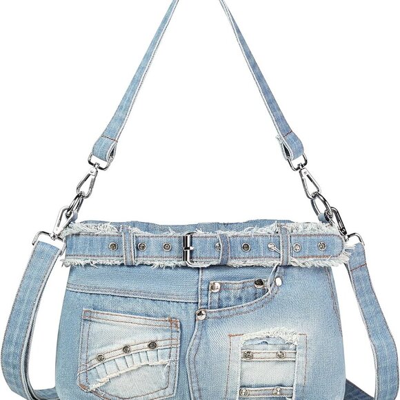 Denim Purse with Rhinestones Crossbody Shoulder Bag Bling Small Jean Purses for - Picture 1 of 7